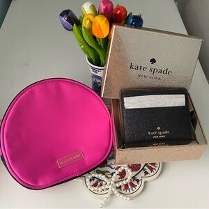 PRADA CANDY Hot pink Cosmetic pouch with NWT Kate Spade Cardholder & pearl clip